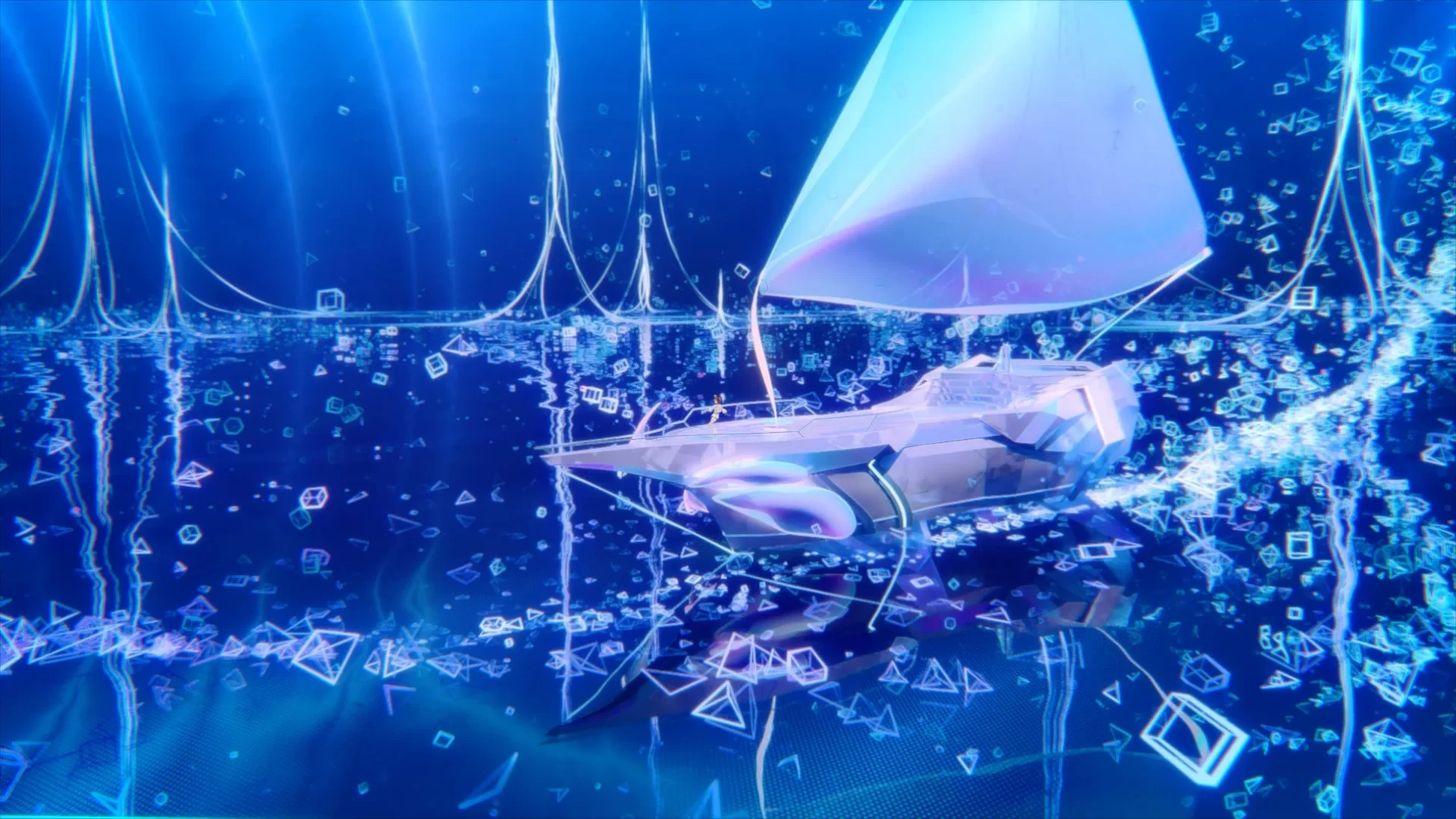 未来的なボートが進む電子の海