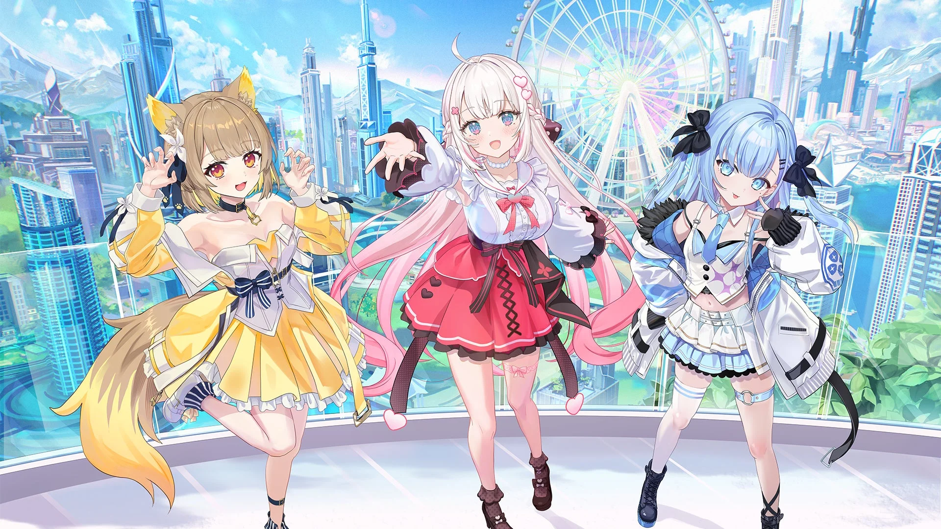 未来都市を背景に可愛らしい3人のアニメ風の女の子が笑顔でポーズをとるベルプロのメンバー